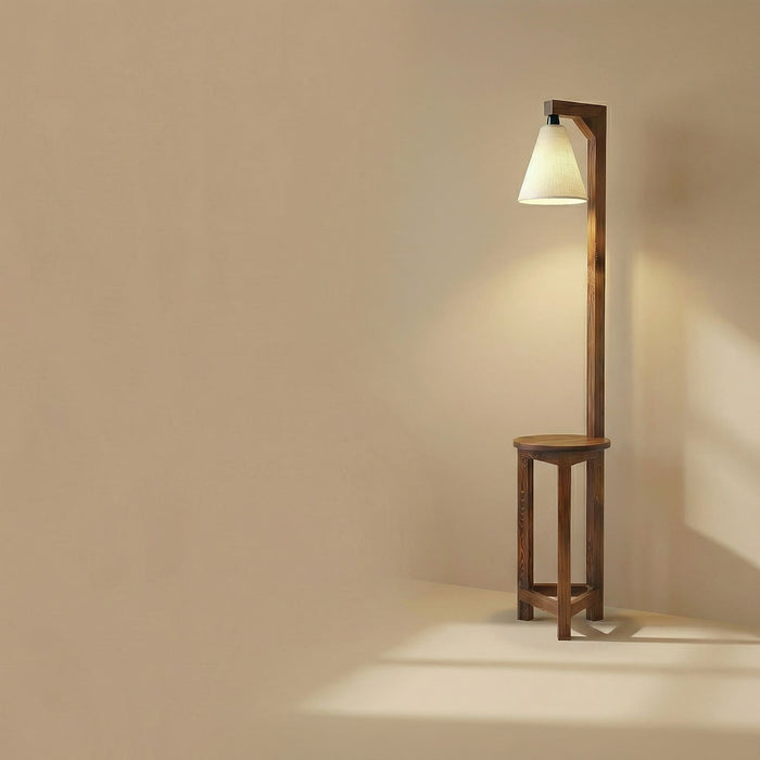 Accent Wooden Floor Lamp with Brown Base and Beige Fabric Lampshade