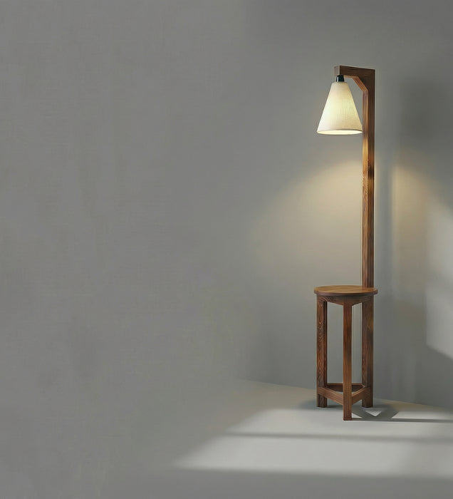 Accent Wooden Floor Lamp with Brown Base and Beige Fabric Lampshade