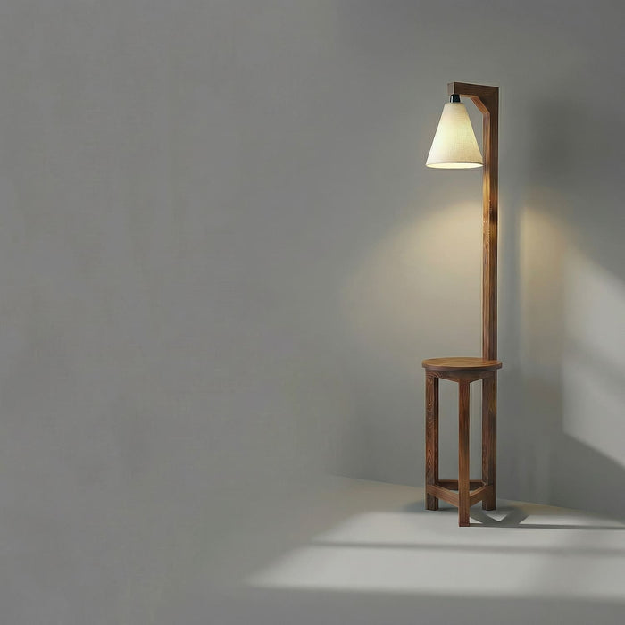 Accent Wooden Floor Lamp with Brown Base and Beige Fabric Lampshade