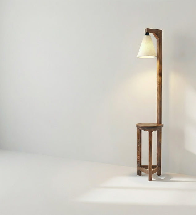Accent Wooden Floor Lamp with Brown Base and Beige Fabric Lampshade