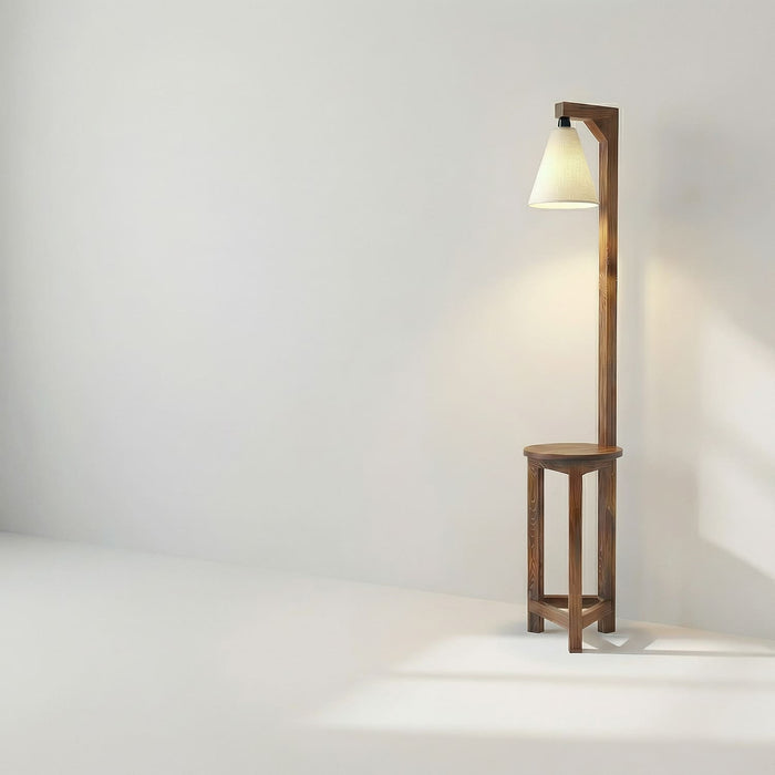Accent Wooden Floor Lamp with Brown Base and Beige Fabric Lampshade