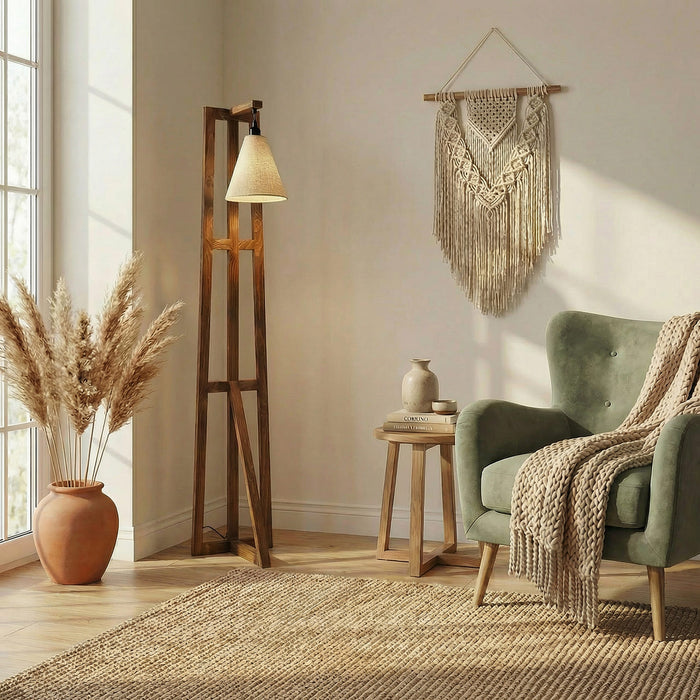 Achille Wooden Floor Lamp with Brown Base and Jute Fabric Lampshade
