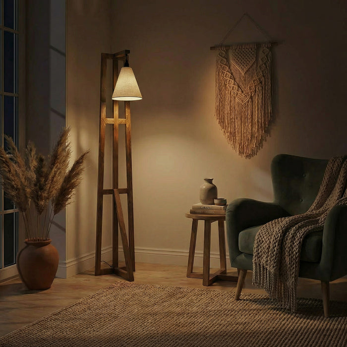 Achille Wooden Floor Lamp with Brown Base and Jute Fabric Lampshade