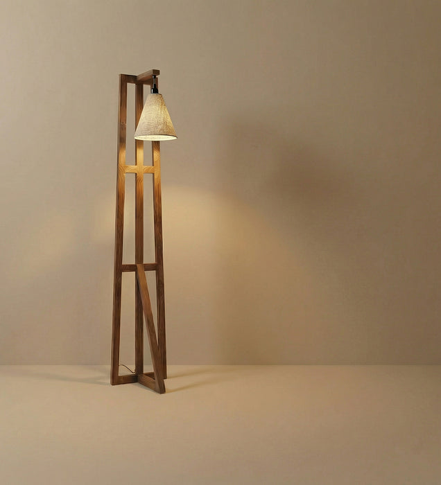 Achille Wooden Floor Lamp with Brown Base and Jute Fabric Lampshade