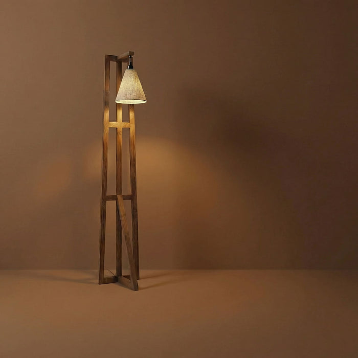 Achille Wooden Floor Lamp with Brown Base and Jute Fabric Lampshade
