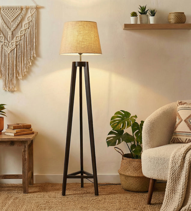 Adrienne Wooden Floor Lamp with Brown Base and Premium Beige Fabric Lampshade