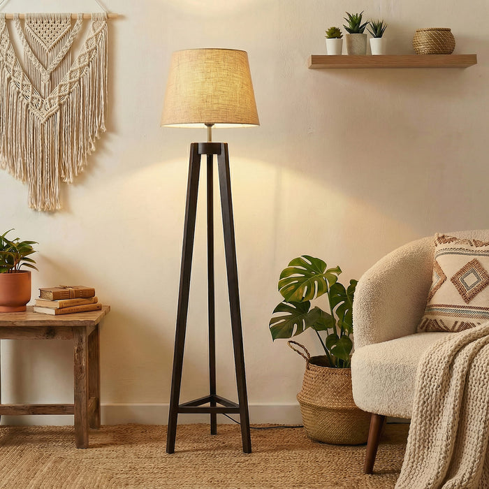 Adrienne Wooden Floor Lamp with Brown Base and Premium Beige Fabric Lampshade