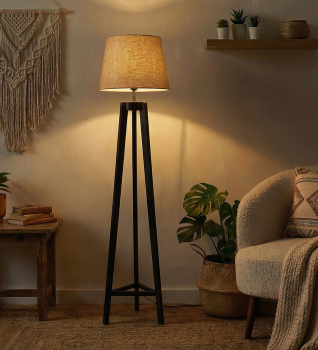 Adrienne Wooden Floor Lamp with Brown Base and Premium Beige Fabric Lampshade