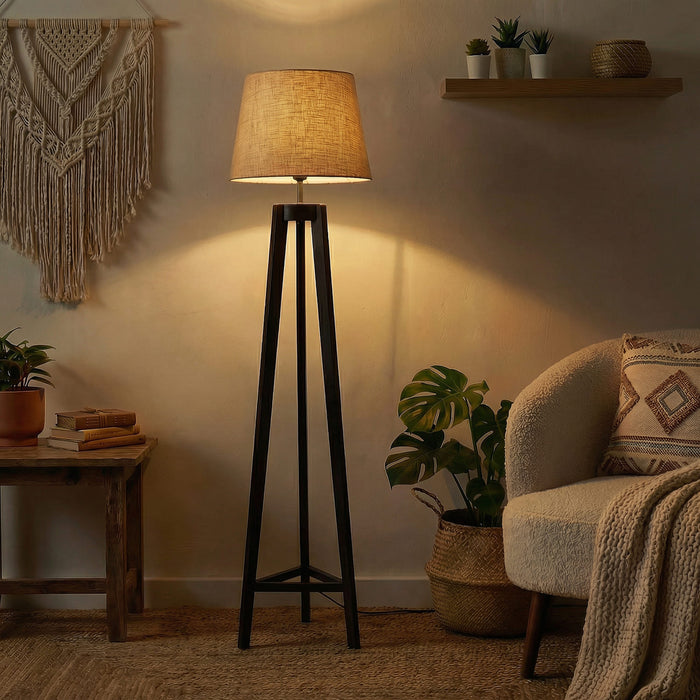 Adrienne Wooden Floor Lamp with Brown Base and Premium Beige Fabric Lampshade