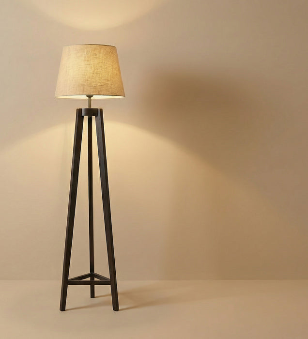 Adrienne Wooden Floor Lamp with Brown Base and Premium Beige Fabric Lampshade