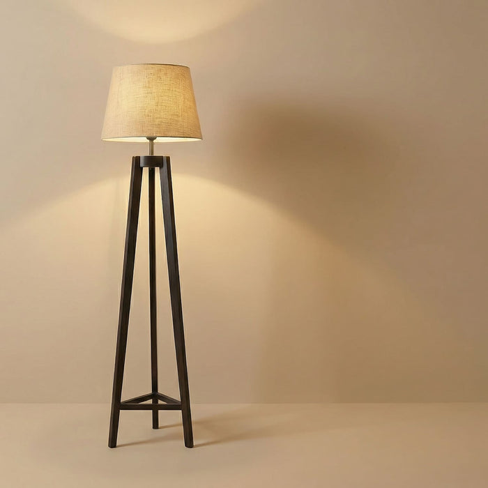 Adrienne Wooden Floor Lamp with Brown Base and Premium Beige Fabric Lampshade