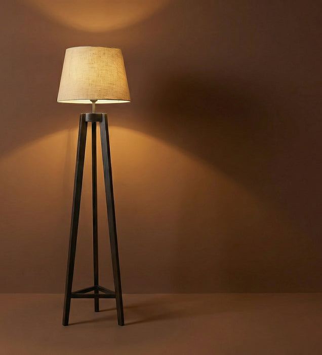 Adrienne Wooden Floor Lamp with Brown Base and Premium Beige Fabric Lampshade