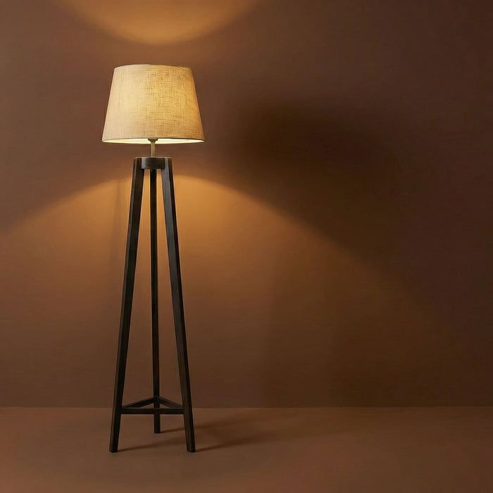 Adrienne Wooden Floor Lamp with Brown Base and Premium Beige Fabric Lampshade