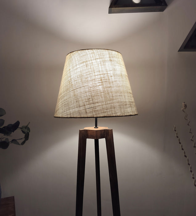 Adrienne Wooden Floor Lamp with Brown Base and Premium Beige Fabric Lampshade