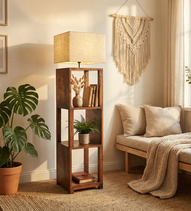 Agnes Wooden Floor Lamp with Brown Base and Jute Fabric Lampshade