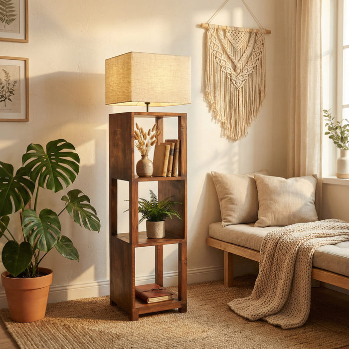 Agnes Wooden Floor Lamp with Brown Base and Jute Fabric Lampshade