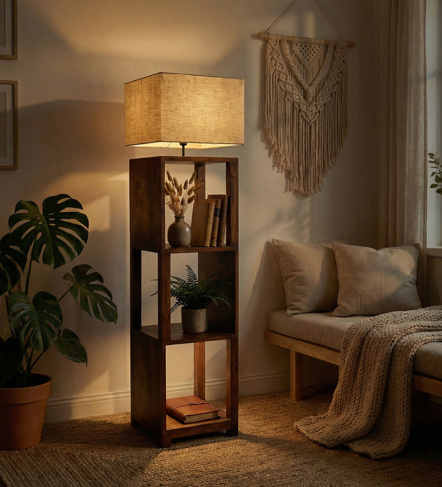 Agnes Wooden Floor Lamp with Brown Base and Jute Fabric Lampshade