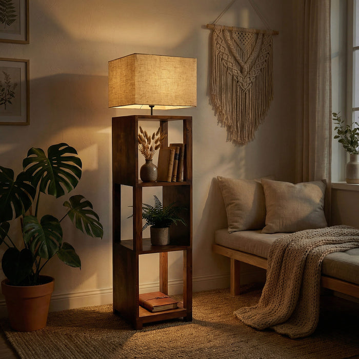 Agnes Wooden Floor Lamp with Brown Base and Jute Fabric Lampshade