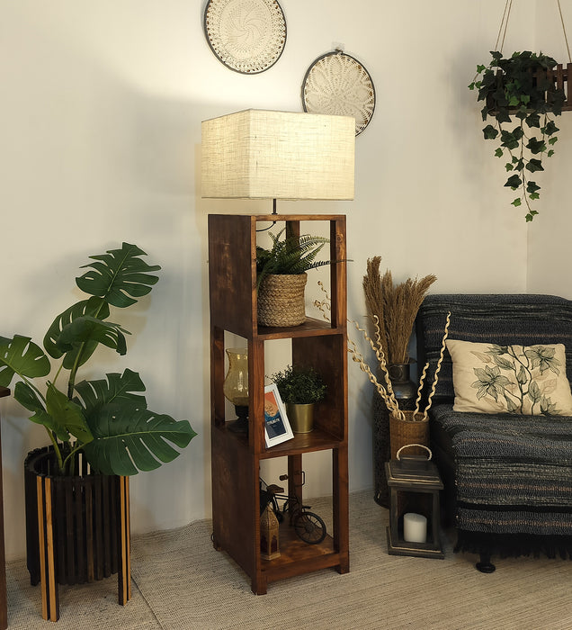 Agnes Wooden Floor Lamp with Brown Base and Jute Fabric Lampshade