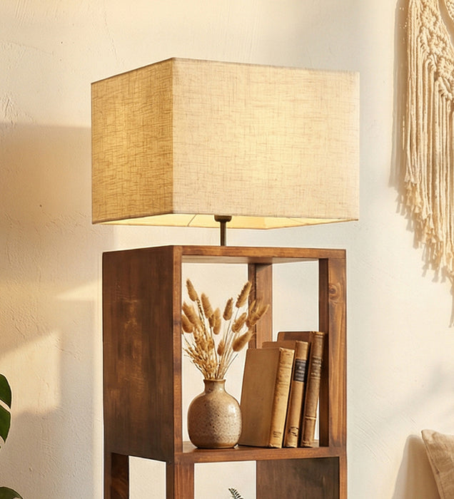 Agnes Wooden Floor Lamp with Brown Base and Jute Fabric Lampshade
