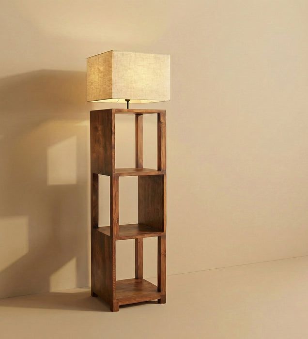 Agnes Wooden Floor Lamp with Brown Base and Jute Fabric Lampshade