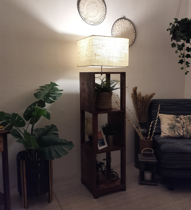 Agnes Wooden Floor Lamp with Brown Base and Jute Fabric Lampshade