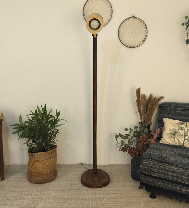 Alice Wooden Floor Lamp with Brown Base and Beige Wooden Lampshade