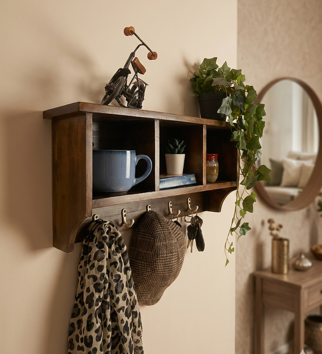 Ambrosia Wooden Wall Shelf Organiser with Key Holders