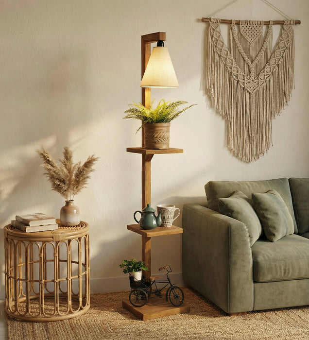 Andre Wooden Floor Lamp with Brown Base and Jute Fabric Lampshade