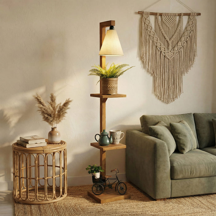Andre Wooden Floor Lamp with Brown Base and Jute Fabric Lampshade
