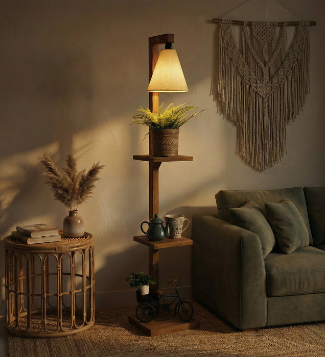 Andre Wooden Floor Lamp with Brown Base and Jute Fabric Lampshade