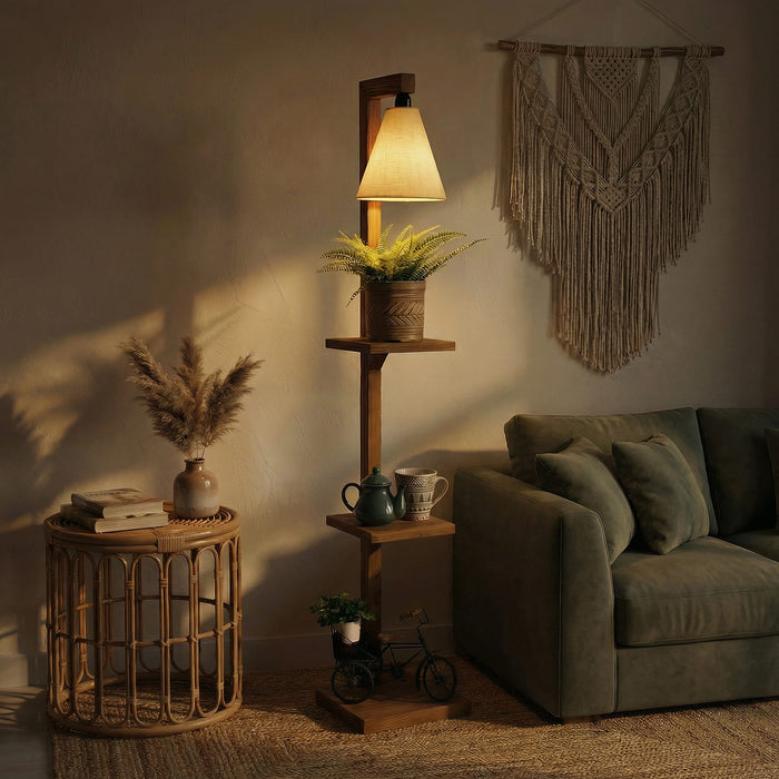 Andre Wooden Floor Lamp with Brown Base and Jute Fabric Lampshade