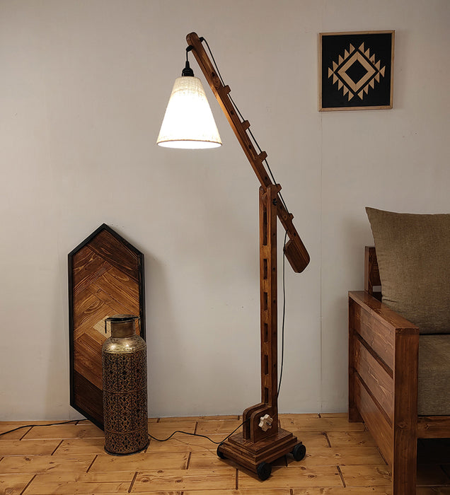 Angler Wooden Floor Lamp with Brown Base and Jute Fabric Lampshade