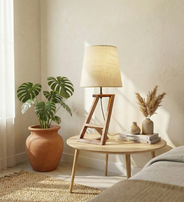 Angular Wooden Table Lamp with Brown Base and White Fabric Lampshade