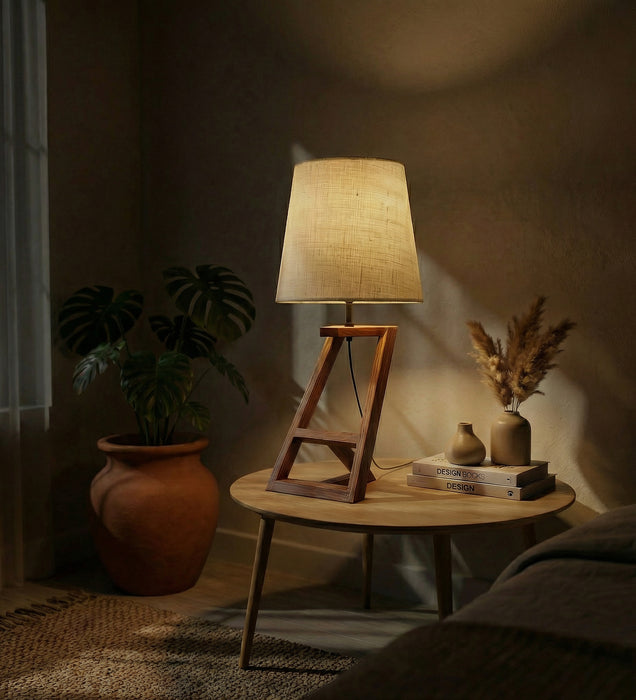 Angular Wooden Table Lamp with Brown Base and White Fabric Lampshade