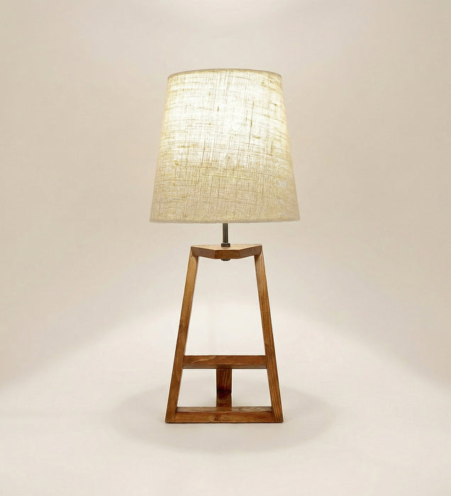 Angular Wooden Table Lamp with Brown Base and White Fabric Lampshade