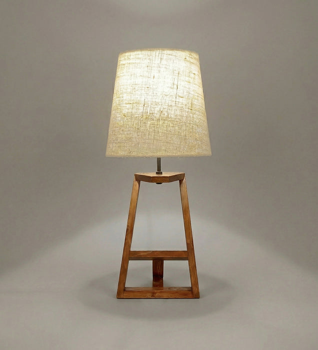 Angular Wooden Table Lamp with Brown Base and White Fabric Lampshade