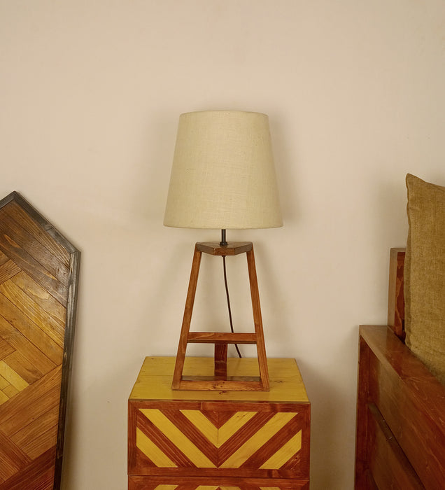 Angular Wooden Table Lamp with Brown Base and White Fabric Lampshade