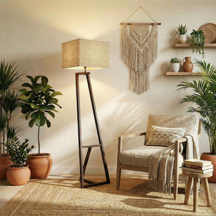 Angular Wooden Floor Lamp with Jute Lampshade