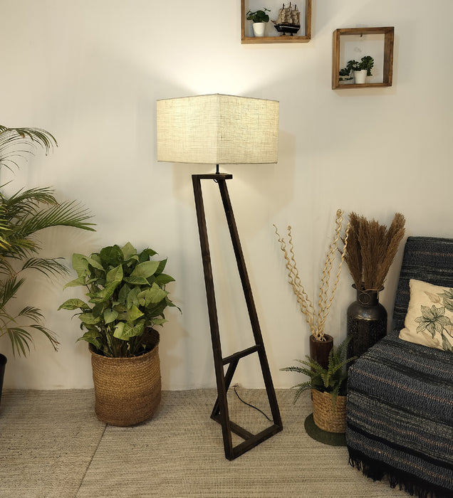Angular Wooden Floor Lamp with Brown Base and Premium Beige Fabric Lampshade