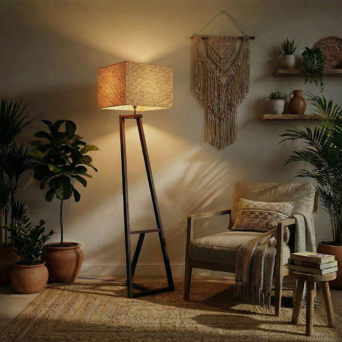 Angular Wooden Floor Lamp with Jute Lampshade