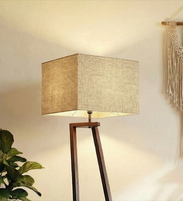 Angular Wooden Floor Lamp with Brown Base and Premium Beige Fabric Lampshade