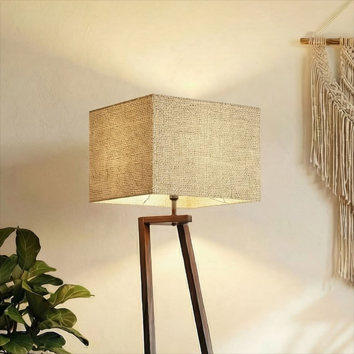 Angular Wooden Floor Lamp with Jute Lampshade