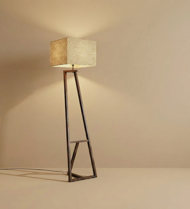 Angular Wooden Floor Lamp with Brown Base and Premium Beige Fabric Lampshade