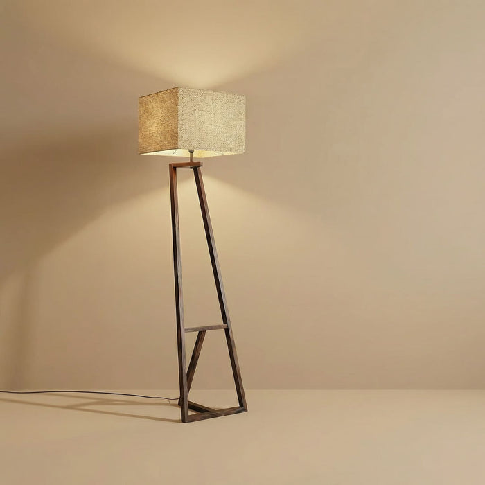 Angular Wooden Floor Lamp with Jute Lampshade