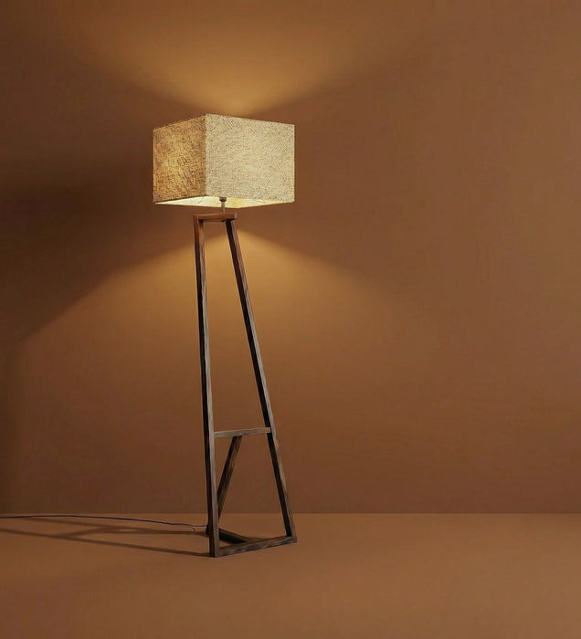 Angular Wooden Floor Lamp with Brown Base and Premium Beige Fabric Lampshade