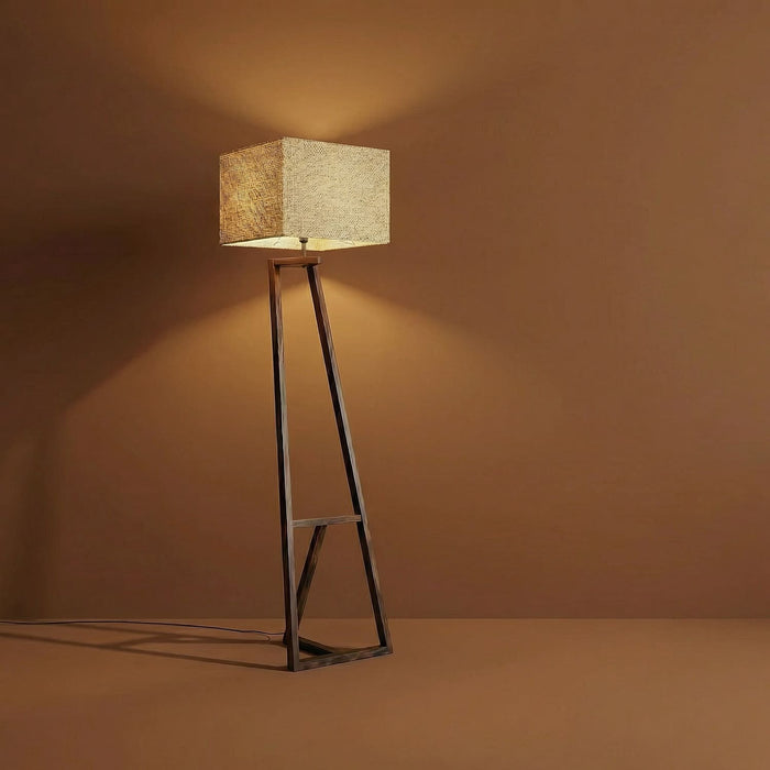Angular Wooden Floor Lamp with Jute Lampshade