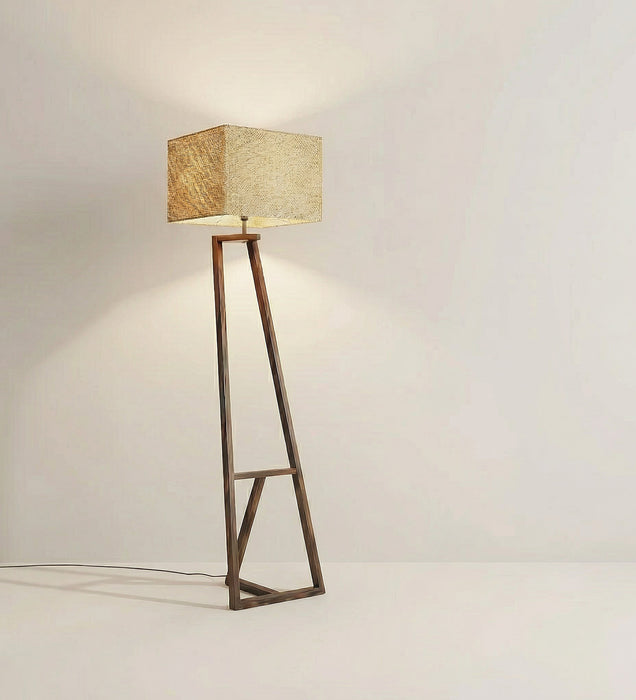 Angular Wooden Floor Lamp with Brown Base and Premium Beige Fabric Lampshade