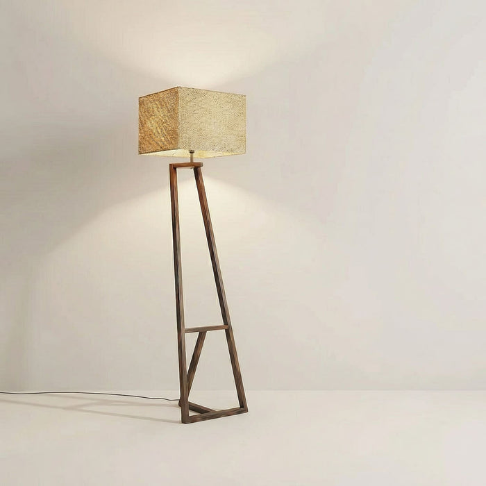Angular Wooden Floor Lamp with Jute Lampshade