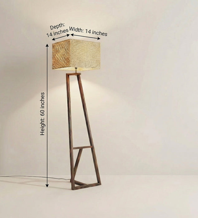 Angular Wooden Floor Lamp with Brown Base and Premium Beige Fabric Lampshade
